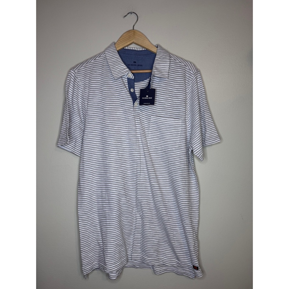 NWT The Normal Brand Grey Stripe Slub Polo Shirt Large